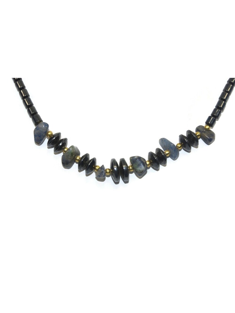Vintage Hematite, Gold Tone & Gemstone Beaded 18 Inch Necklace with Screw Clasp.